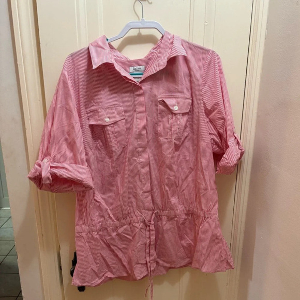 LIZ&CO. 2X Red White Striped Peplum Drawstring Button Up Roll Tab Shirt Nautical